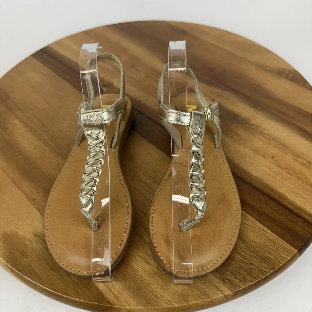 New Big Kids Girls Mia Annae Gold Faux Leather Braided T-Strap‎ Sandals Size 2 Y